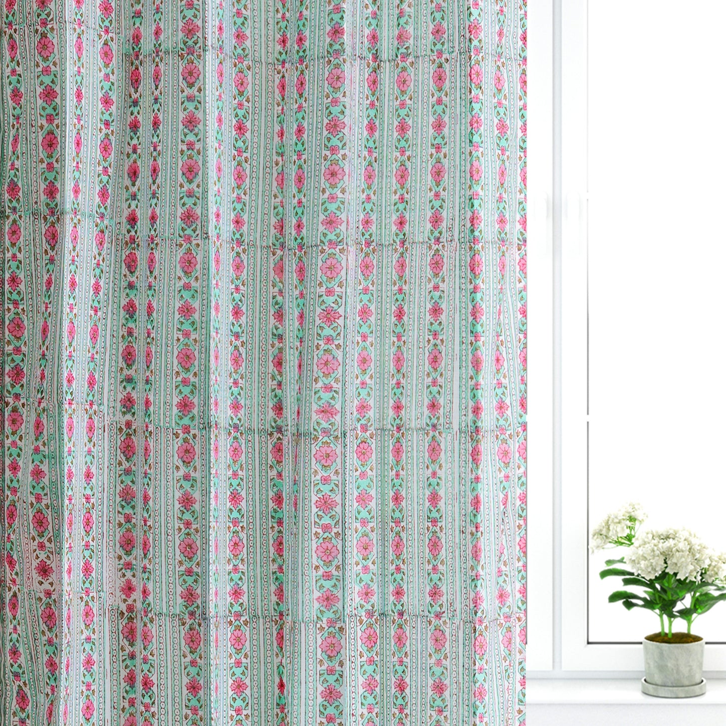 Seagreen and Pink Pattern Jaal Cotton Handblock Curtain (Pair of 2 Curtains)