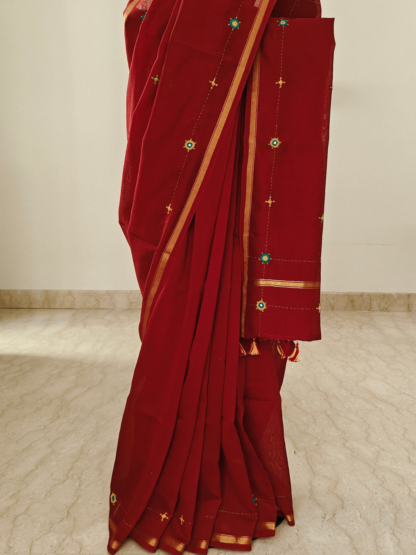 Red Silk-Cotton Chanderi Hand-Embroidered Saree