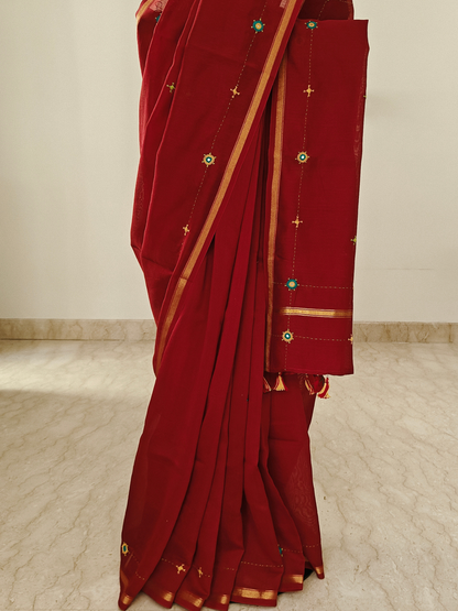 Red Silk-Cotton Chanderi Hand-Embroidered Saree