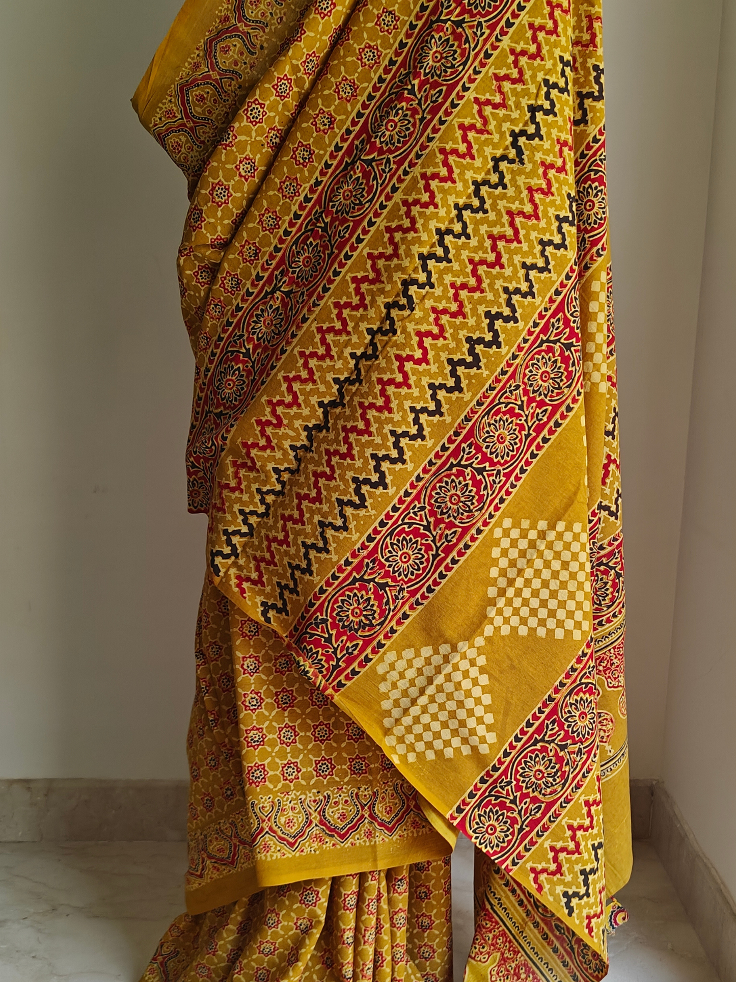 Yellow Ajrakh Handblock Printed Mull Cotton Saree