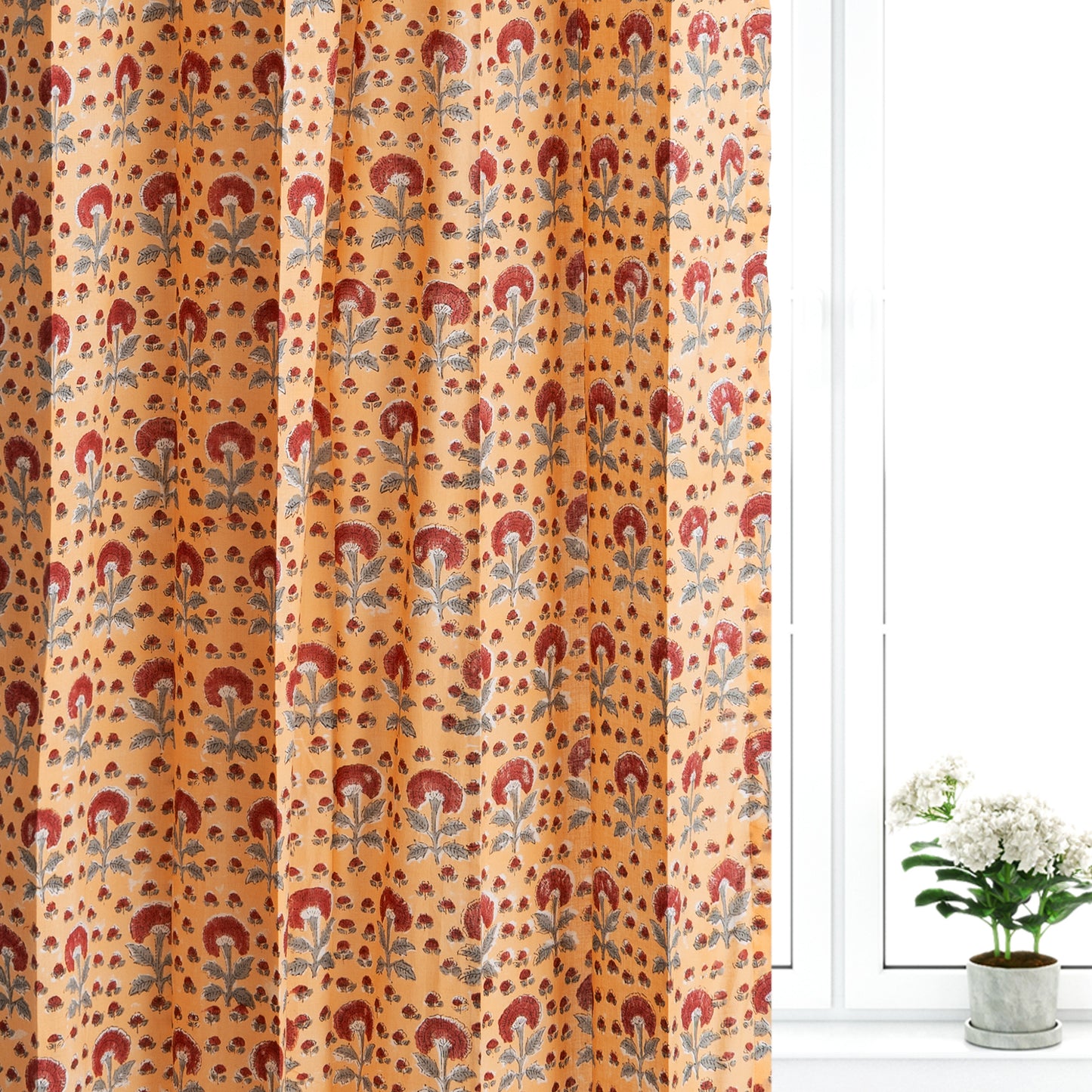 Mustard Jaal with Maroon Booti Cotton Handblock Curtain (Pair of 2 Curtains)