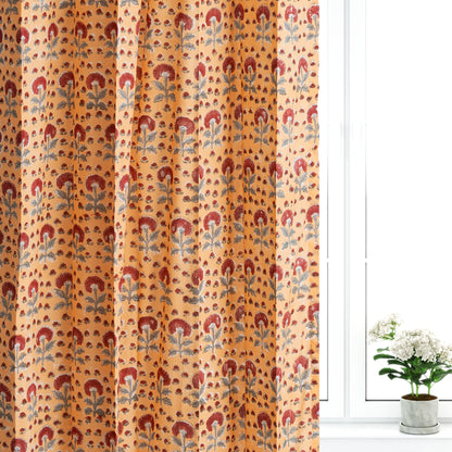 Mustard Jaal with Maroon Booti Cotton Handblock Curtain (Pair of 2 Curtains)