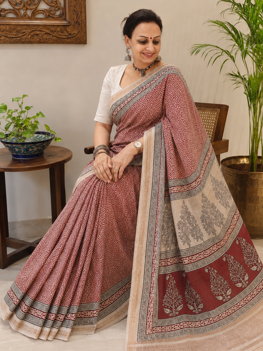 Red Bagh Print Maheshwari Saree