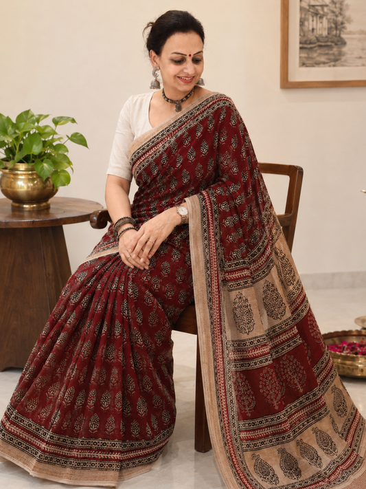 Red Bagh Print Maheshwari Saree
