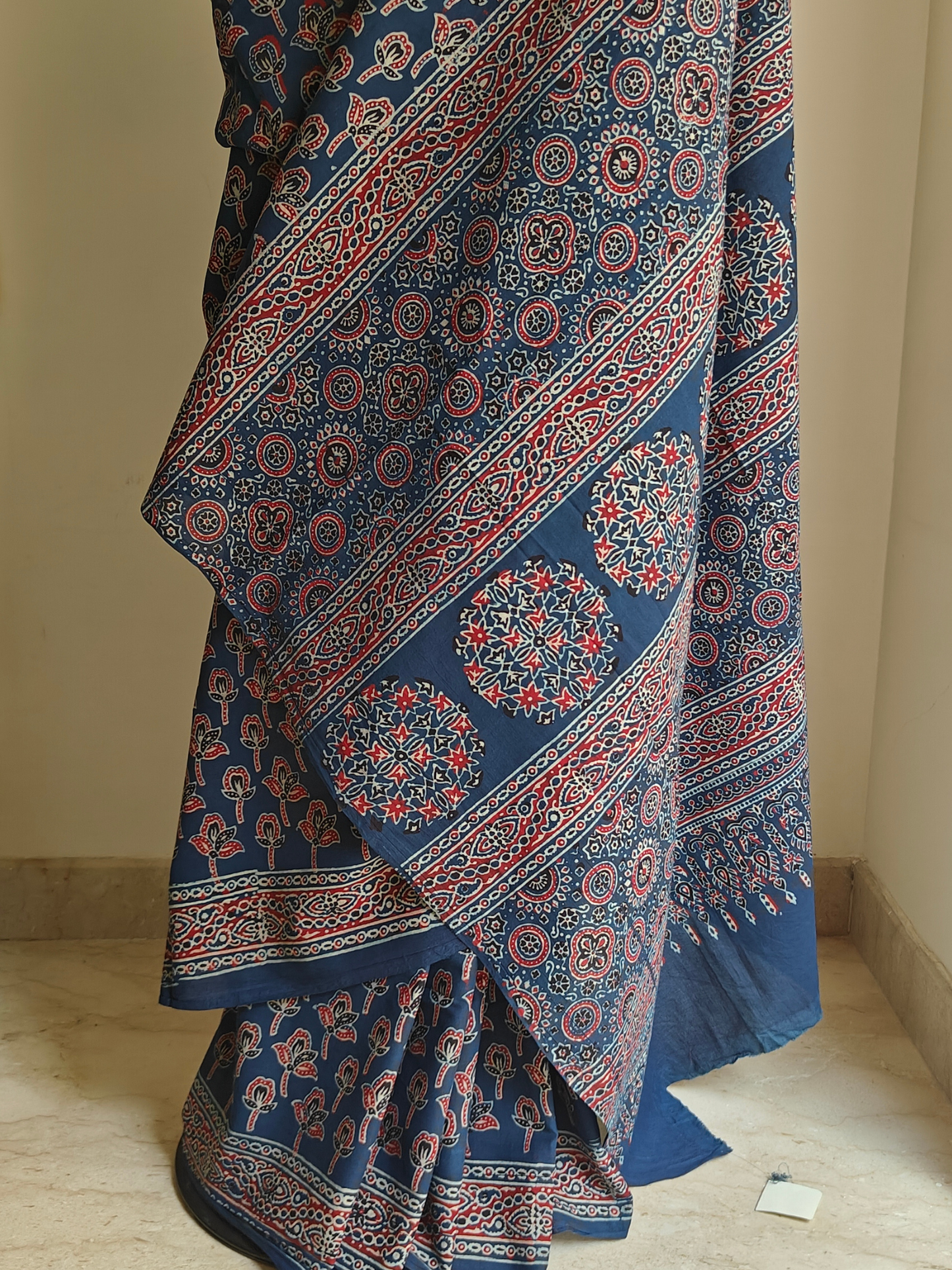 Indigo Ajrakh Handblock Printed Mull Cotton Saree