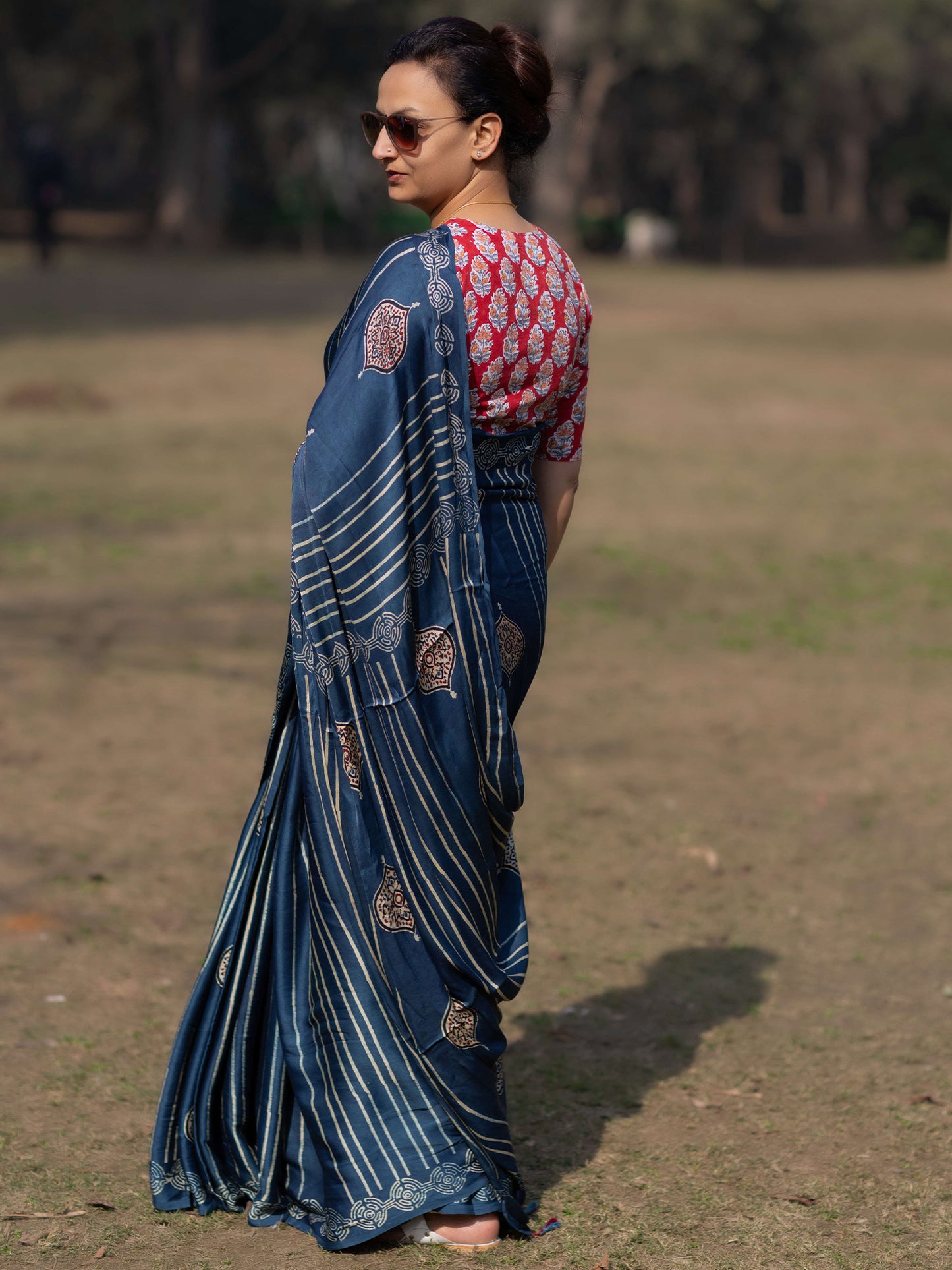 Indigo Modal Silk Ajrakh Block Print Saree