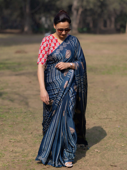 Indigo Modal Silk Ajrakh Block Print Saree