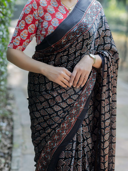 Black Modal Silk Ajrakh Block Print Saree