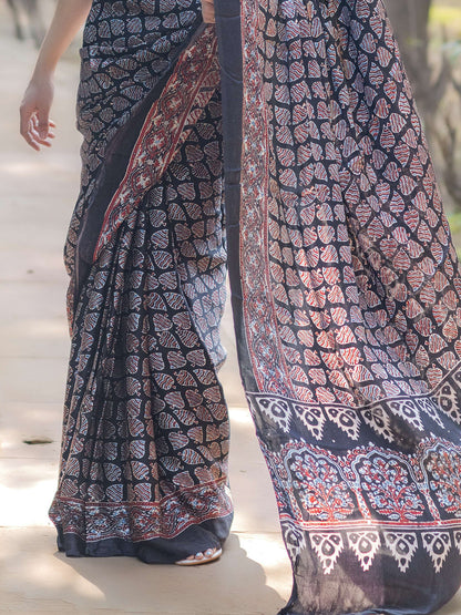 Black Modal Silk Ajrakh Block Print Saree
