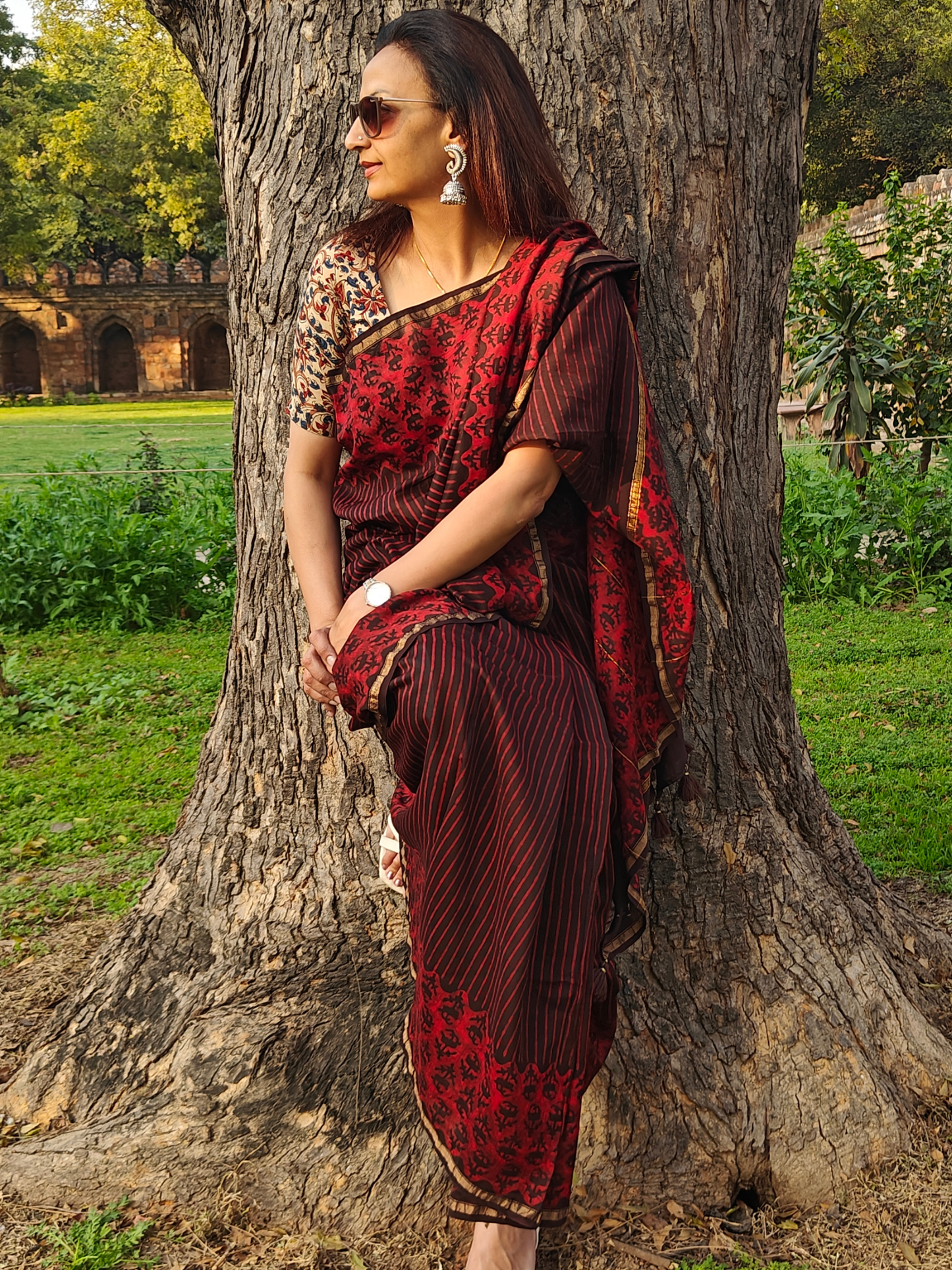 Coffee-Maroon Dabu Handblock Print Chanderi Saree