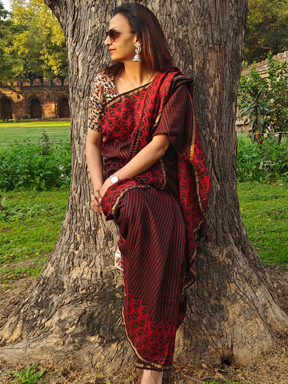 Coffee-Maroon Dabu Handblock Print Chanderi Saree