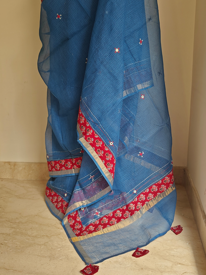Navy Blue Kota Patchwork Hand Embroidered Saree