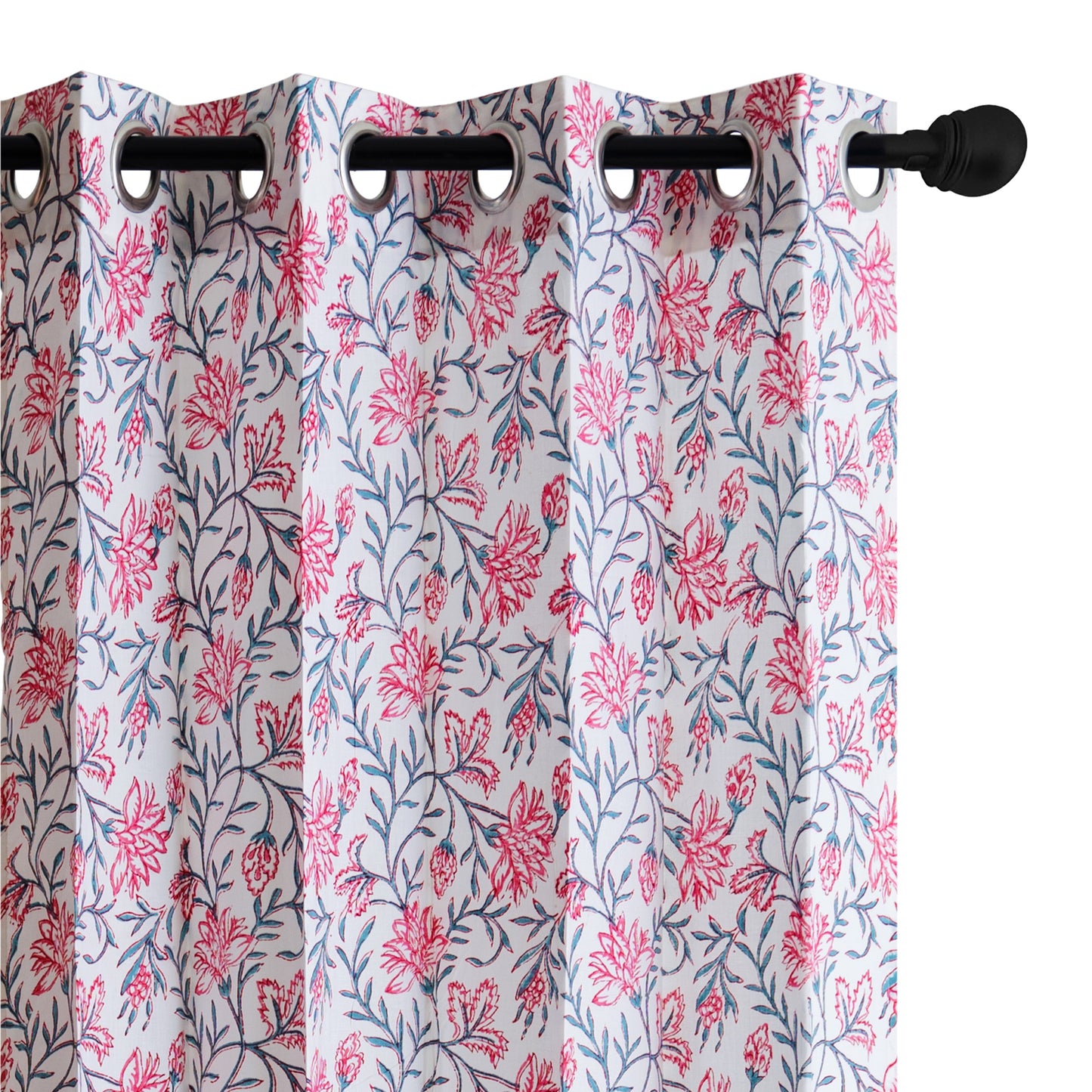 Pink Skyblue Jaal Cotton Handblock Curtain (Pair of 2 Curtains)