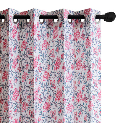 Pink Skyblue Jaal Cotton Handblock Curtain (Pair of 2 Curtains)