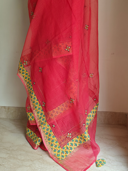 Peach Kota Patchwork Hand Embroidered Saree