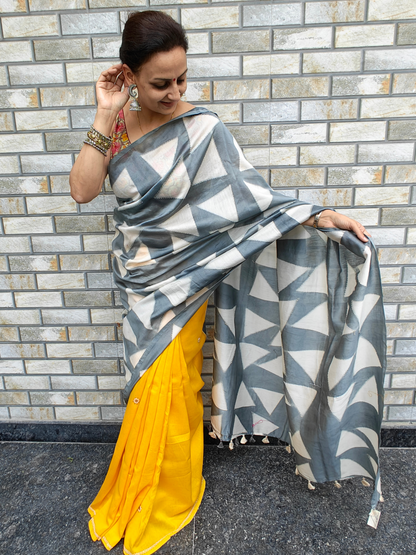 Yellow-Grey Shibori Clamp Dyed Handcrafted Saree