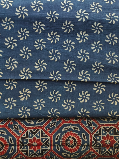 Indigo Ajrakh Handblock Printed Mull Cotton Saree