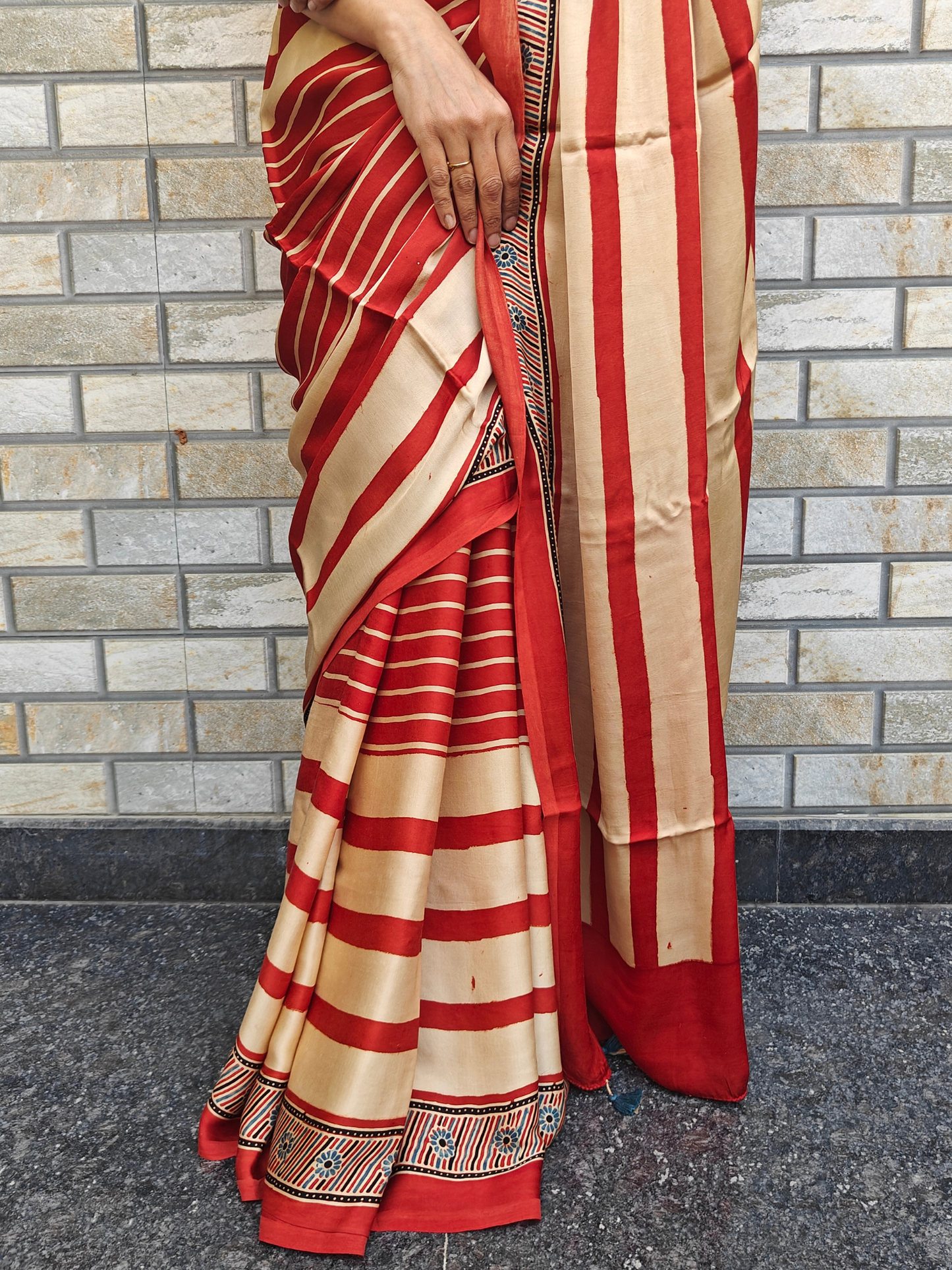 Red Striped Modal Silk Ajrakh Block Print Saree