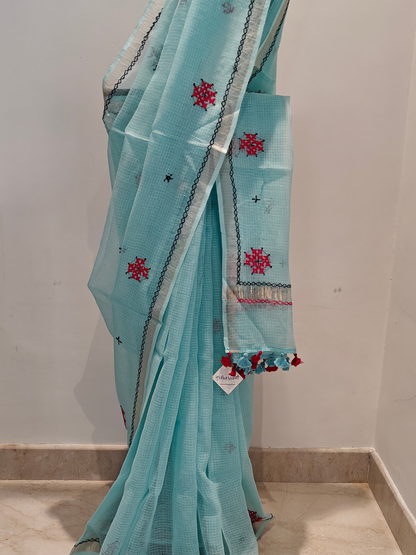 Aqua Blue Kota Hand Embroidered Saree
