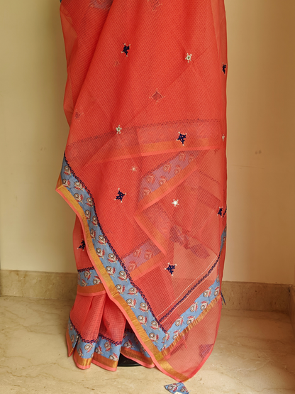 Peach Kota Patchwork hand Embroidered Saree