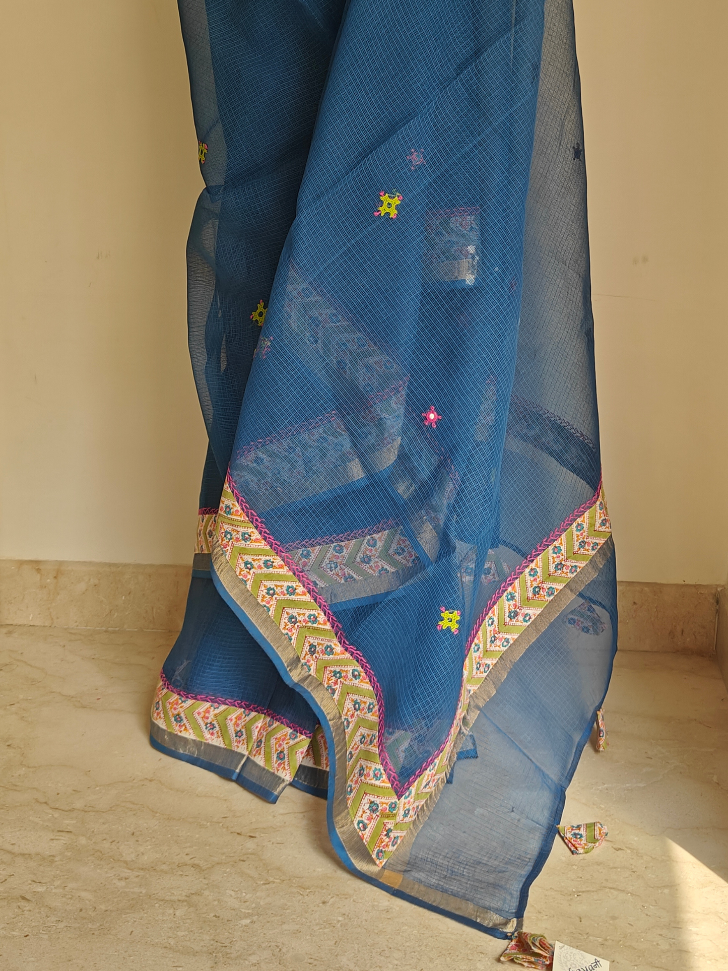 Navy Blue Kota Patchwork Hand Embroidered Saree