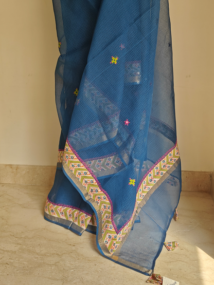 Navy Blue Kota Patchwork Hand Embroidered Saree