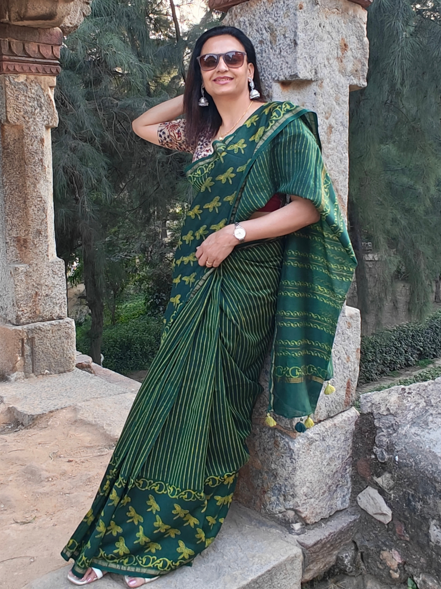 Green-Yellow Dabu Handblock Print Chanderi Saree