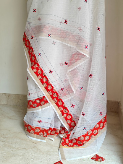 White Kota Patchwork Hand Embroidered Saree
