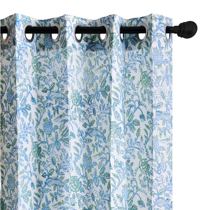 Skyblue and Seagreen Jaal Cotton Handblock Curtain (Pair of 2 Curtains)