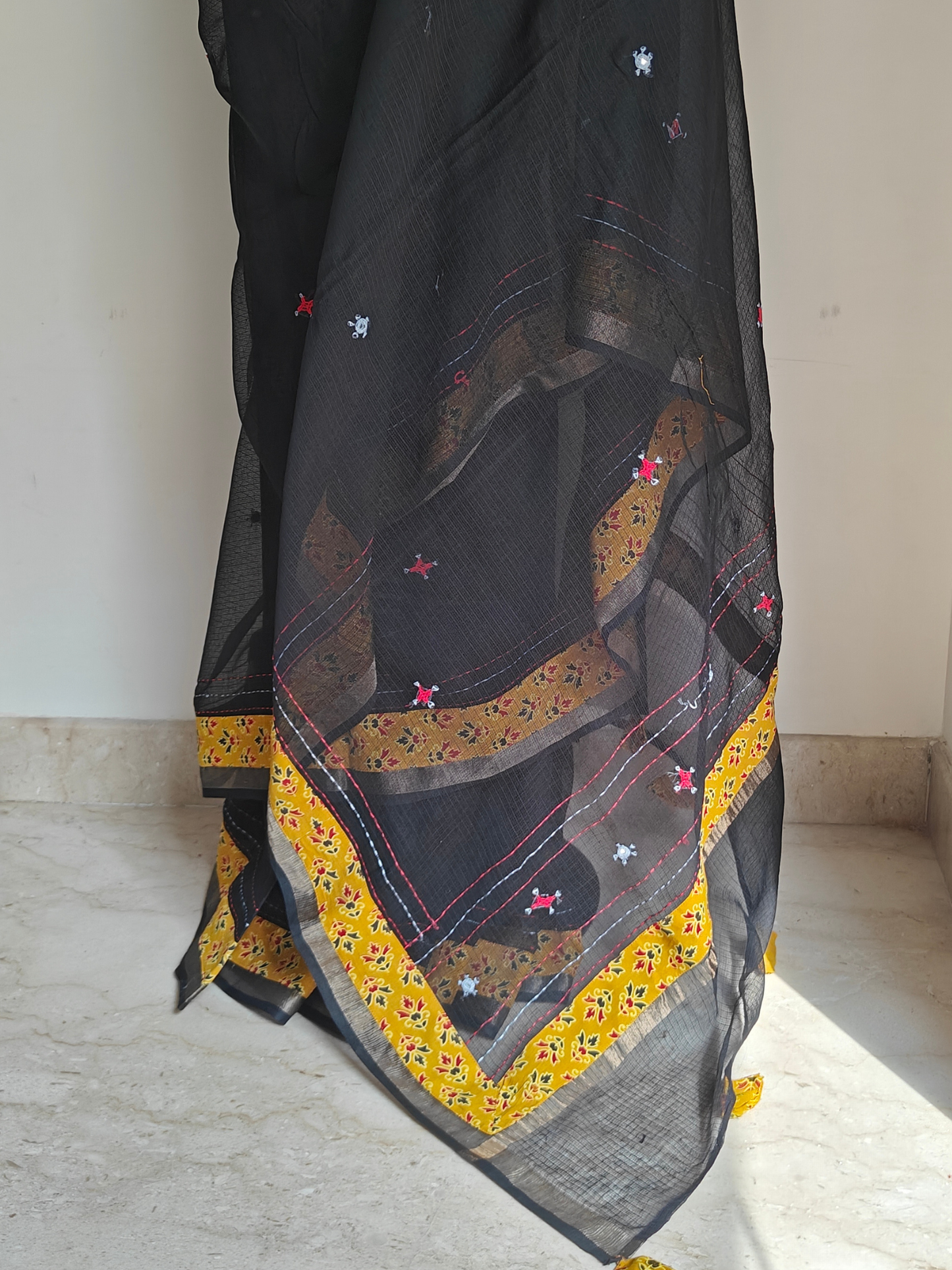 Black Kota Patchwork Hand Embroidered Saree