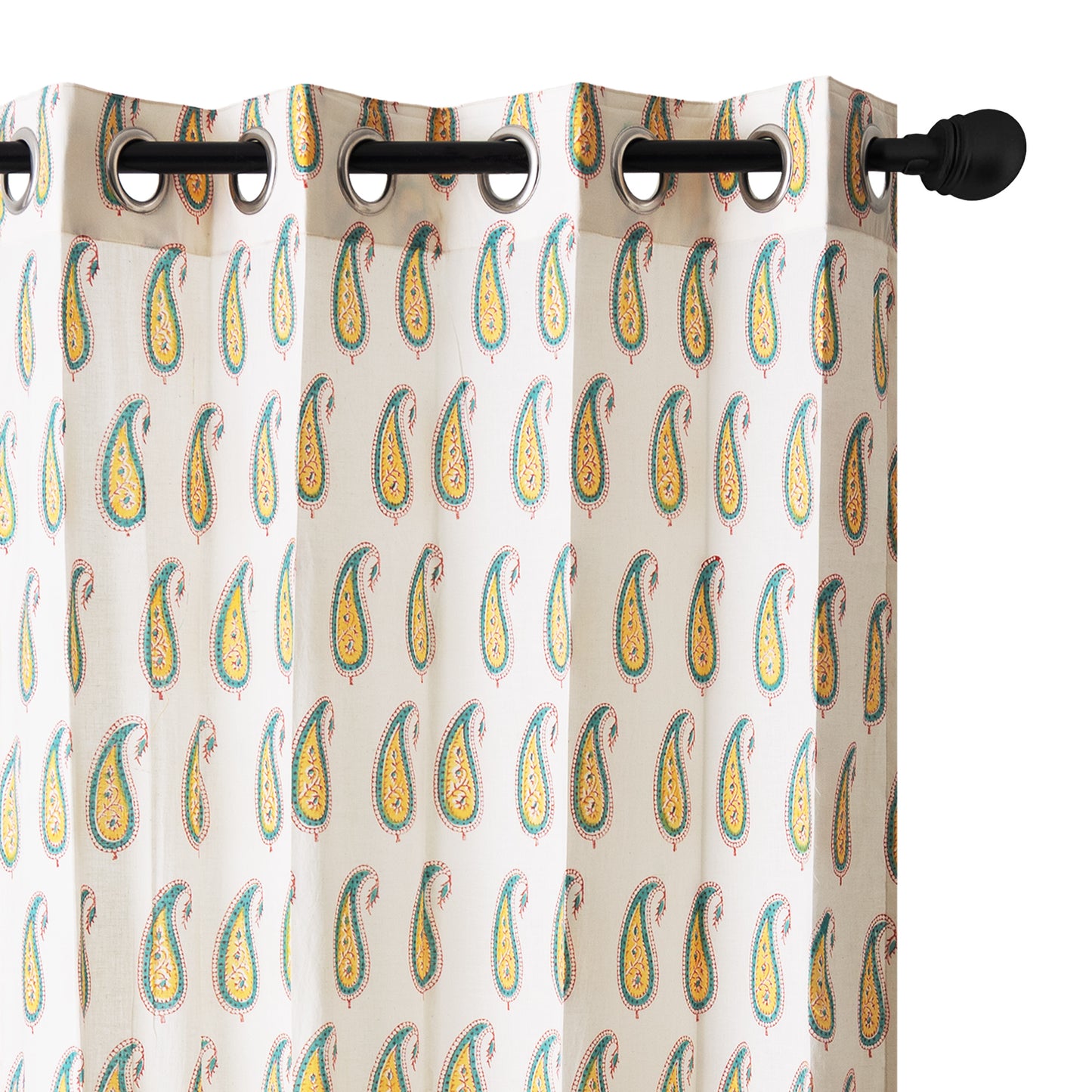 Yellow Paisley Cotton Handblock Curtain (Pair of 2 Curtains)