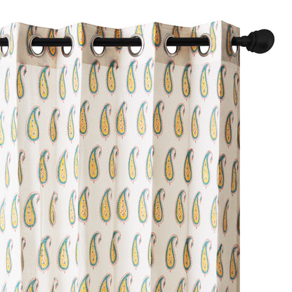 Yellow Paisley Cotton Handblock Curtain (Pair of 2 Curtains)