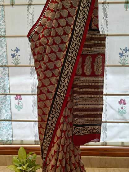 Maroon Bagru Handblock Printed Mull Cotton Saree