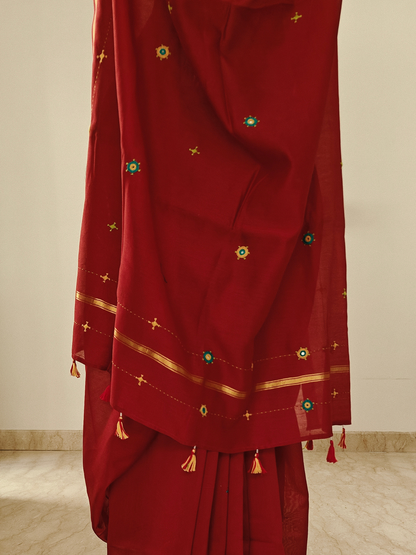 Red Silk-Cotton Chanderi Hand-Embroidered Saree