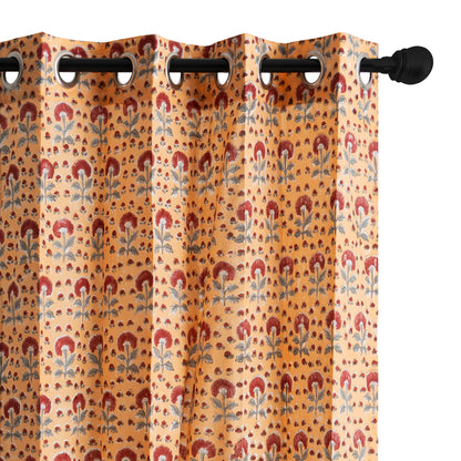 Mustard Jaal with Maroon Booti Cotton Handblock Curtain (Pair of 2 Curtains)