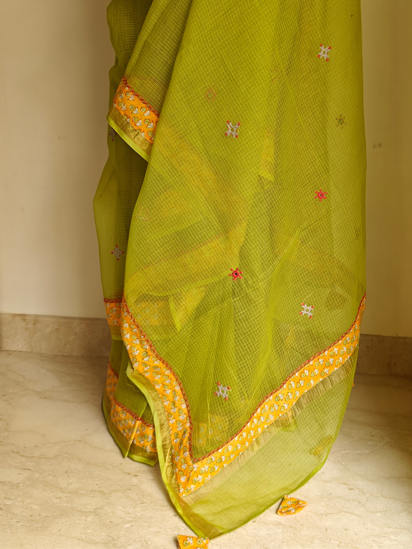Lime Green Kota Patchwork Hand Embroidered Saree