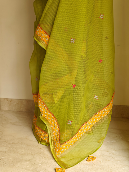 Lime Green Kota Patchwork Hand Embroidered Saree