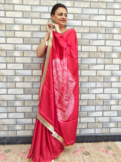 Tomato Red Shibori Pallu Modal Silk Cocktail Saree
