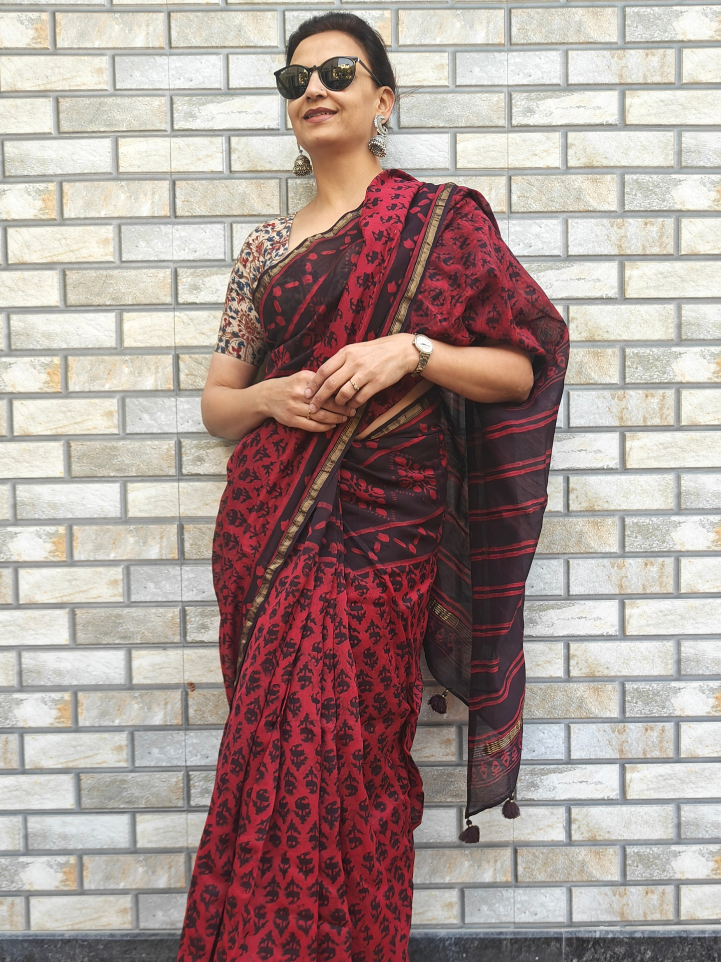 Coffee-Maroon Dabu Handblock Print Chanderi Saree
