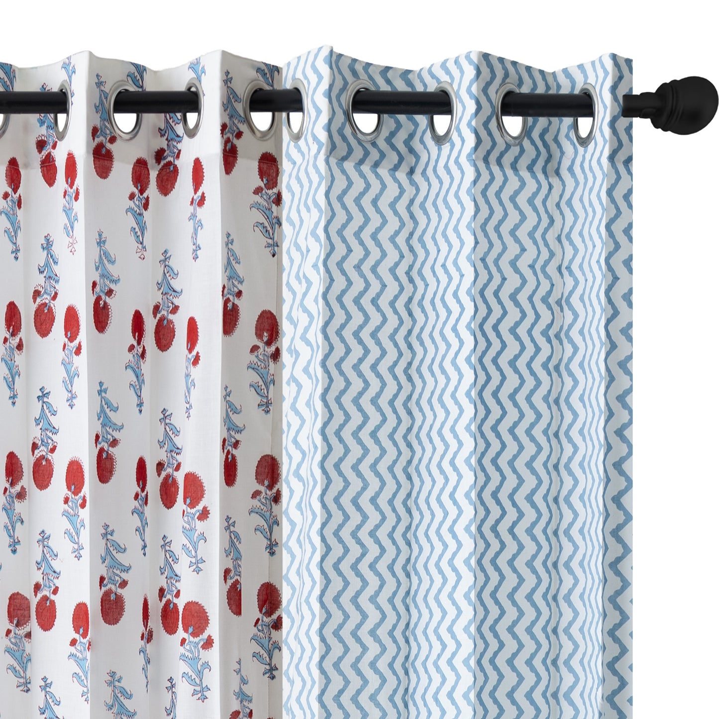 Sky Blue Zigzag with Red and Skyblue Booti Cotton Handblock Combo (Set of 4 Curtains)