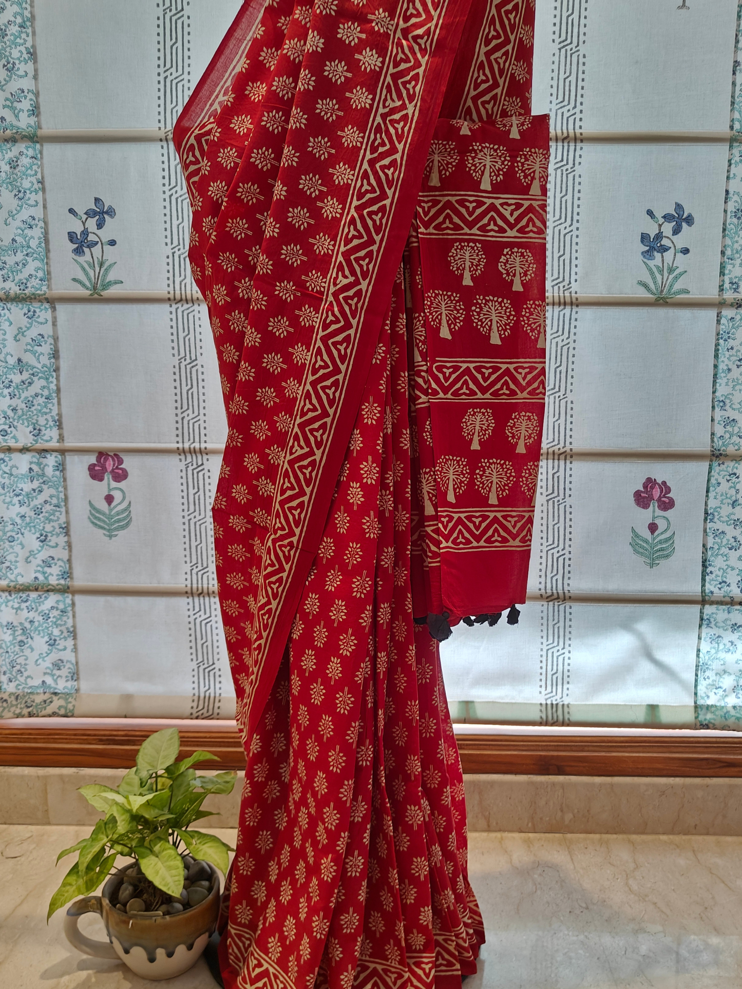 Red Handblock Printed Mull Cotton Saree