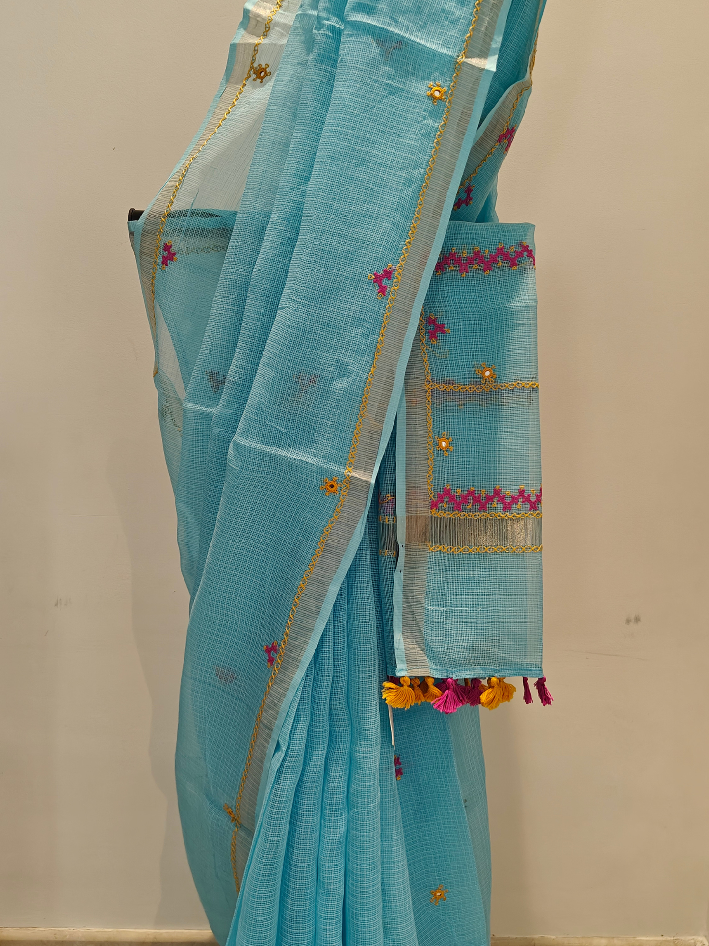 Aqua Blue Kota Hand Embroidered Saree