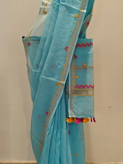 Aqua Blue Kota Hand Embroidered Saree