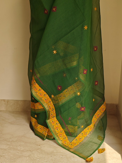 Green Kota Patchwork Hand Embroidered Saree