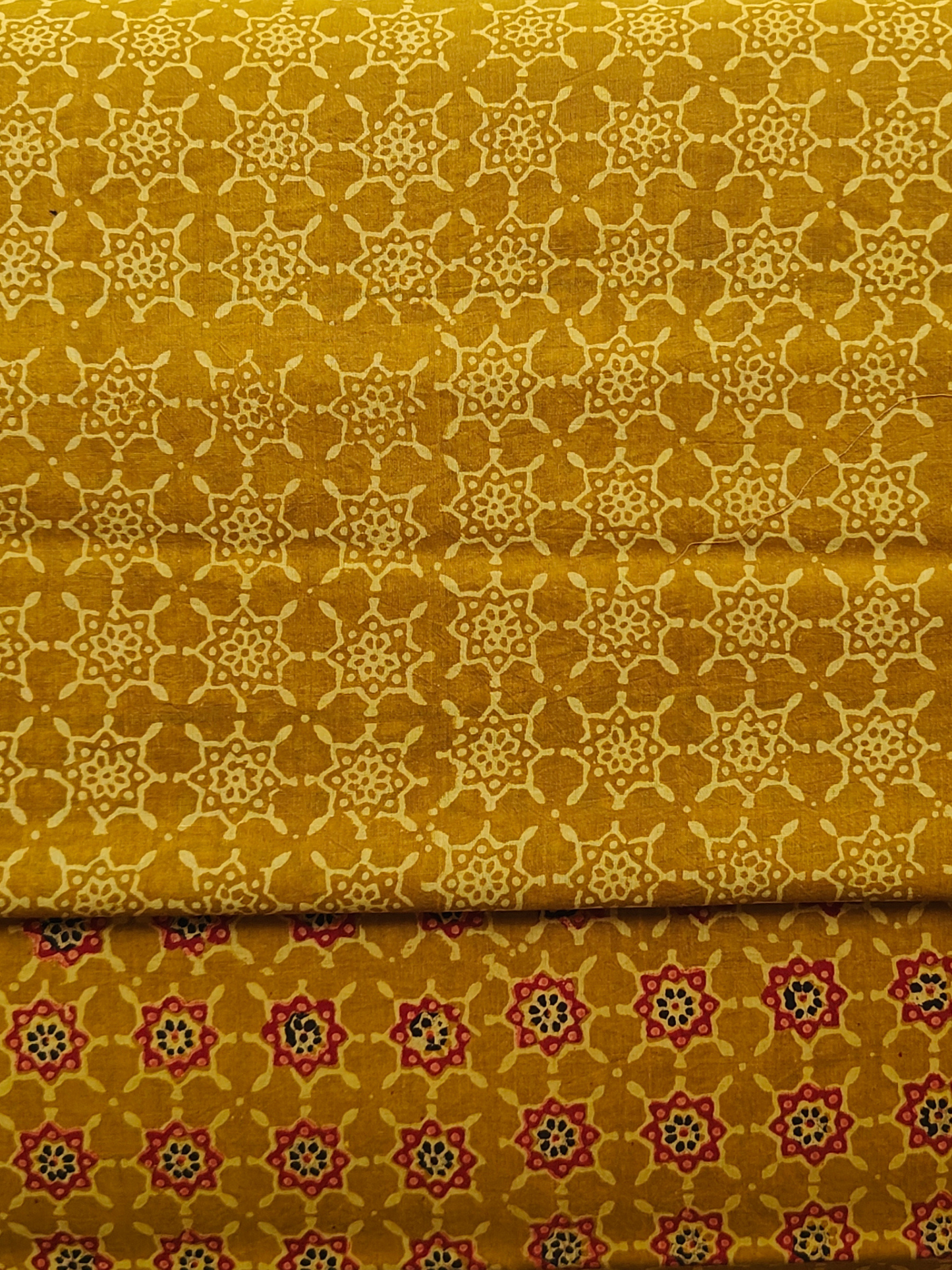 Yellow Ajrakh Handblock Printed Mull Cotton Saree