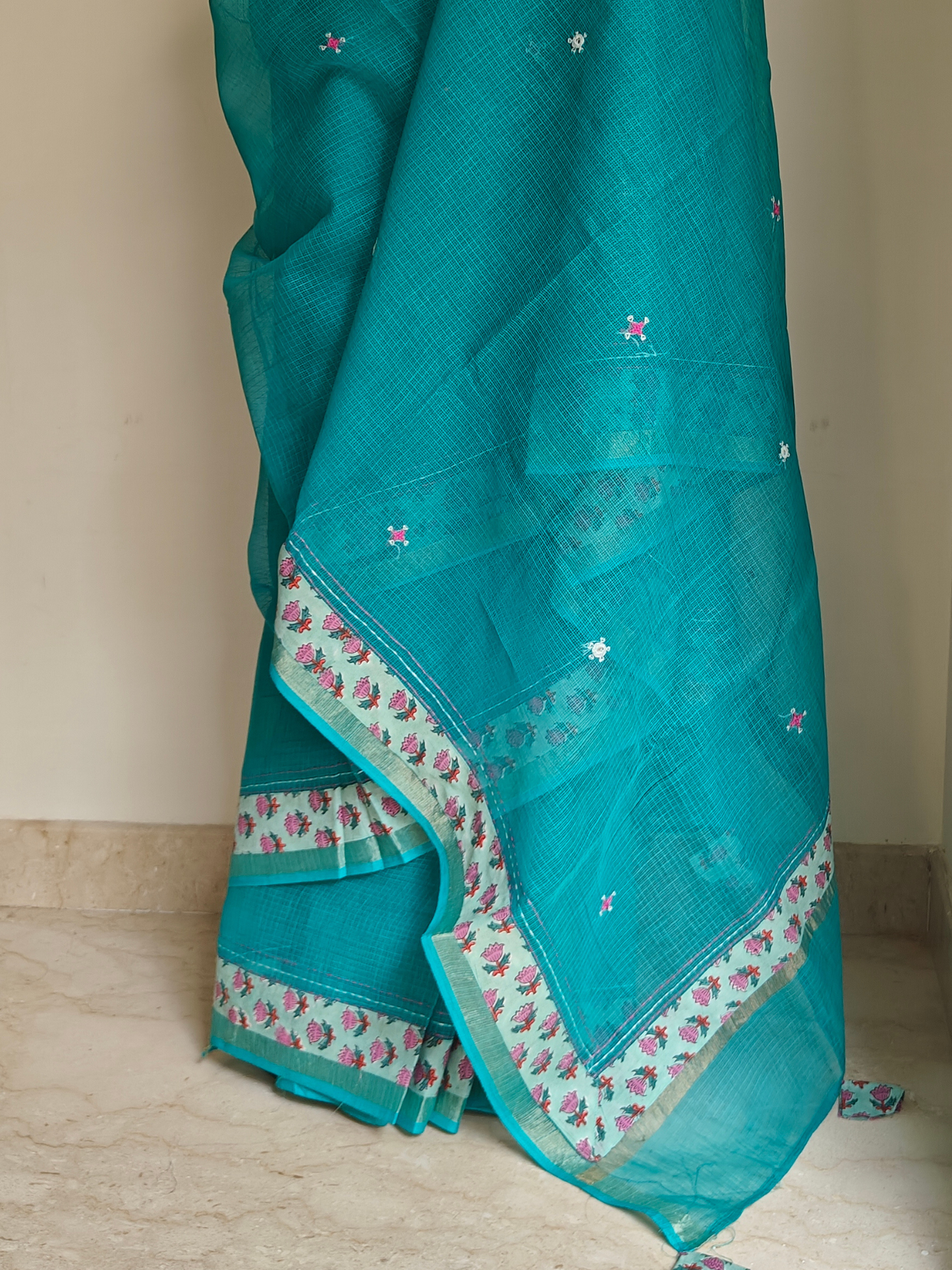 Blue Kota Patchwork Hand Embroidered Saree