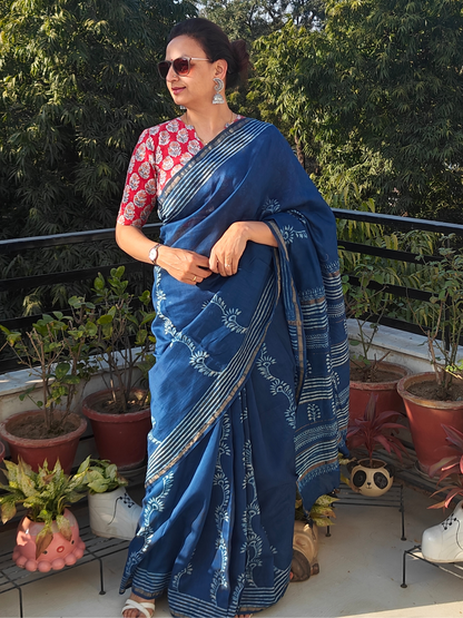 Indigo Dabu Handblock Print Chanderi Saree
