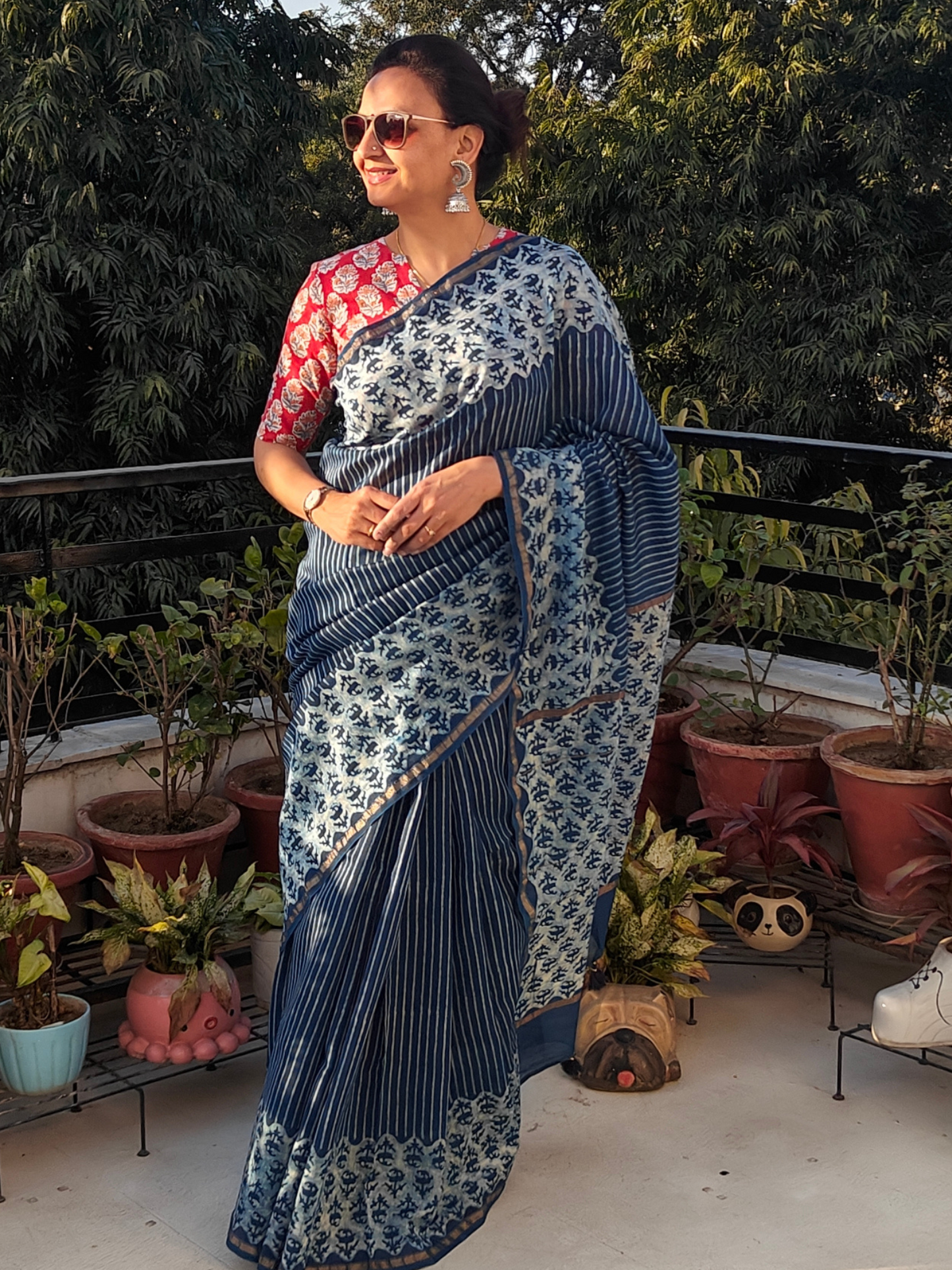 Indigo Dabu Handblock Print Chanderi Saree