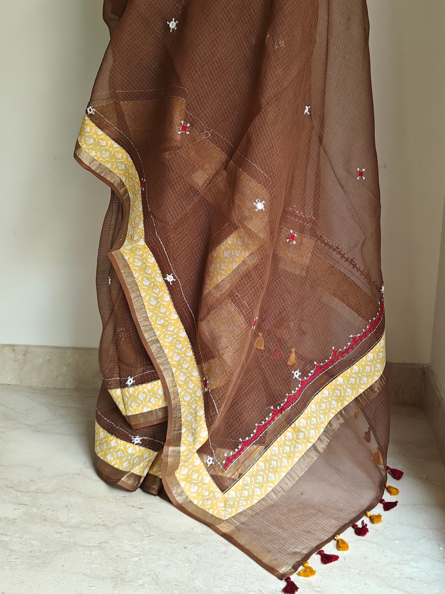 Brown Kota Patchwork Hand Embroidered Saree