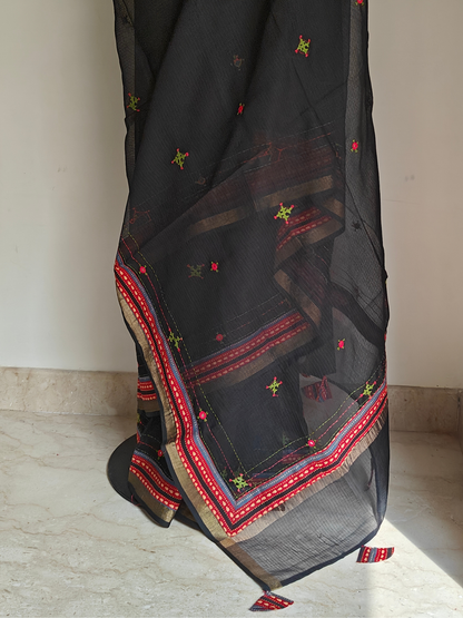 Black Kota Patchwork Hand Embroidered Saree